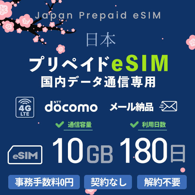 メール納品　プリペイドeSIMカード 10GB 180日 国内データ通信専用