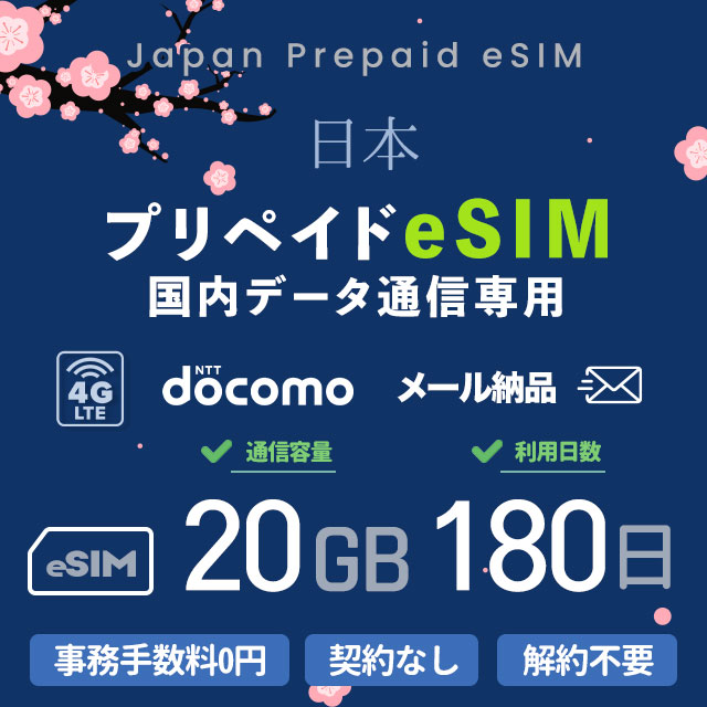 メール納品　プリペイドeSIMカード 20GB 180日 国内データ通信専用