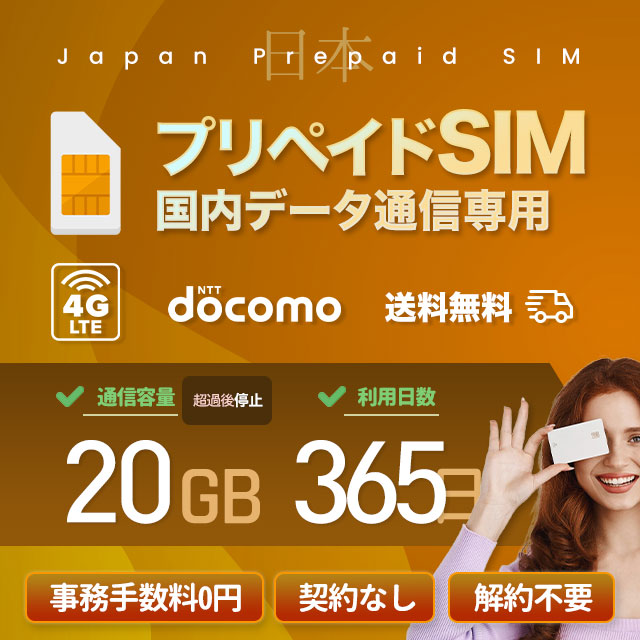 プリペイドSIMカード 20GB 365日 国内データ通信専用 NTTドコモ回線（docomo 回線） LTE【送料無料】