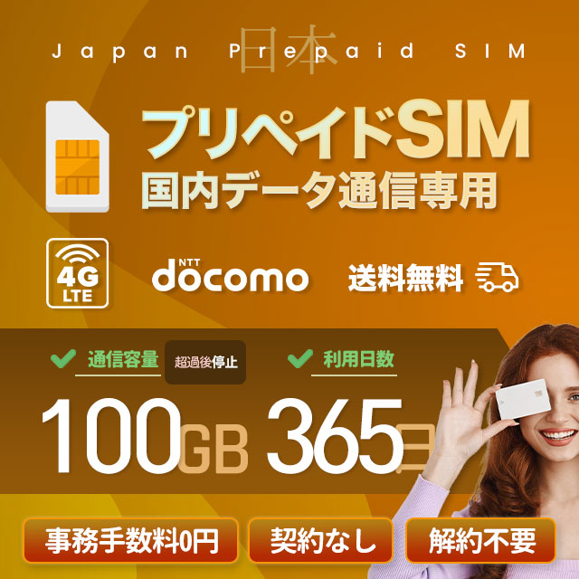 プリペイドSIMカード 100GB 365日 国内データ通信専用 NTTドコモ回線（docomo 回線） LTE【送料無料】